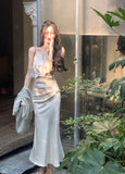 Green Halter Neck Satin Strap Fishtail Dress HZ1024