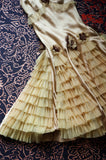 Light Champagne Sheath Birthday Dress Vintage Satin Tiered Tulle Short Formal Dress with Appliques HZ1024