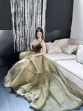 Olive Green A-Line Long Prom Dresses Tulle Spaghetti Strap Evening Dress Sweet 16 Dress HZ1024