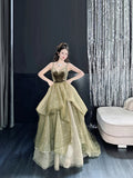 Olive Green A-Line Long Prom Dresses Tulle Spaghetti Strap Evening Dress Sweet 16 Dress HZ1024