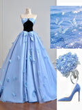 Blue A-Line Long Prom Dresses Satin Sweetheart Bow Formal Evening Dress Sweet 16 Dress HZ1024
