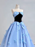 Blue A-Line Long Prom Dresses Satin Sweetheart Bow Formal Evening Dress Sweet 16 Dress HZ1024
