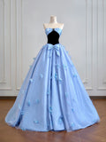 Blue A-Line Long Prom Dresses Satin Sweetheart Bow Formal Evening Dress Sweet 16 Dress HZ1024
