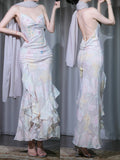 Mermaid Long Prom Dresses Printed Chiffon Spaghetti Straps Formal Evening Dress Open Back Party Dress HZ1024