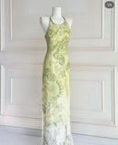 Green Sheath Long Prom Dresses Elegant Beaded Chiffon Formal Dress Sleeveless Round Neck Evening Dress HZ1024