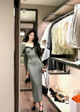 patchwork mesh waist slimming knitted dress HZ1024
