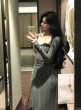 patchwork mesh waist slimming knitted dress HZ1024