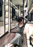 patchwork mesh waist slimming knitted dress HZ1024