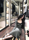 patchwork mesh waist slimming knitted dress HZ1024
