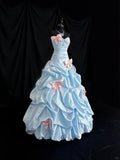 Blue Ball Gown Prom Dress Sweetheart Neck Satin Quinceanera Dress Bow Sweet 16 Dress HZ1024