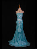 Blue Mermaid Long Prom Dress Strapless Lace Sparkly Evening Gown Chiffon Formal Dress HZ1024