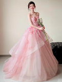 Ball Gown Sweetheart Neck Quinceanera Dress Pink Wedding Dress Tulle Applique Sweet Birthday Prom Dress HZ1024