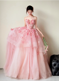 Ball Gown Sweetheart Neck Quinceanera Dress Pink Wedding Dress Tulle Applique Sweet Birthday Prom Dress HZ1024
