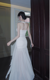 White Mermaid Halter Long Prom Dress Chiffon Formal Dress Birthday Evening Dress HZ1024