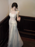 White Mermaid Halter Long Prom Dress Chiffon Formal Dress Birthday Evening Dress HZ1024