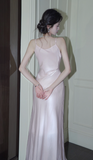 Light Pink Spaghetti Strap Sheath Long Prom Dress Satin Formal Dress Sweet Birthday Outfit HZ1024