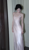 Light Pink Spaghetti Strap Sheath Long Prom Dress Satin Formal Dress Sweet Birthday Outfit HZ1024