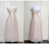 Spaghetti Strap A-Line Long Prom Dress Sequined Tulle Formal Dress Sweet Birthday Outfit HZ1024