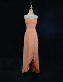 Sheath Spaghetti Strap Long Prom Dress Fairytale Chiffon Beaded Formal Dress Coral Birthday Party Dress HZ1024