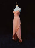 Sheath Spaghetti Strap Long Prom Dress Fairytale Chiffon Beaded Formal Dress Coral Birthday Party Dress HZ1024