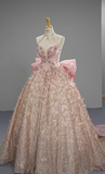 Pink Ball Gown Halter Long Prom Dress Halter Neck Beaded Quinceanera Dress 3D Butterfly Sweet 18 Dress HZ1024