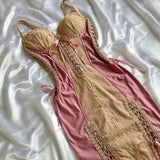 Pink Sheath Spaghetti Strap Prom Dress Satin Lace Vintage Birthday Party Dress Evening Gown HZ1024