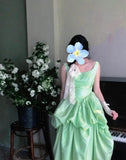 Green Ball Gown Boat Neck Long Prom Dress Satin Birthday Party Dress Formal Evening Dress HZ1024