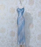 Blue Spaghetti Strap Sheath Long Prom Dress Vintage Chiffon Formal Evening Dress Party Dress HZ1024