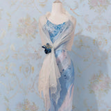 Blue Spaghetti Strap Sheath Long Prom Dress Vintage Chiffon Formal Evening Dress Party Dress HZ1024