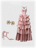 Pink Spaghetti Strap Ball Gown Birthday Dress Long Prom Dress Satin Tiered Evening Dress HZ1024
