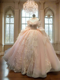 Pink Off-the-shoulder Ball Gown Birthday Dress Tulle Beaded Long Prom Dress Applique Quinceanera Dress HZ1024
