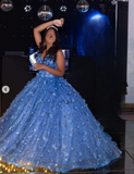 Blue Spaghetti Strap Ball Gown Birthday Dress Tulle Sparkly Long Prom Dress Applique Quinceanera Dress HZ1024