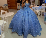 Blue Spaghetti Strap Ball Gown Birthday Dress Tulle Sparkly Long Prom Dress Applique Quinceanera Dress HZ1024
