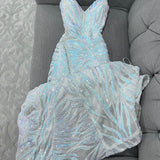White Spaghetti Strap Sheath Long Prom Dress Sequin Tulle Party Dress Formal Dress HZ1024