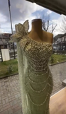 Green One Shoulder Sheath Long Prom Dress Beaded Tulle Formal Evening Dress Wedding Guest Outfit HZ1024