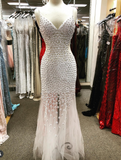 White V-neck Mermaid Evening Dress Beaded Tulle Long Prom Dress Sweet Birthday Dress HZ1024