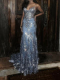 Blue V-Neck Mermaid Evening Dress Sparkly Sequined Tulle Long Prom Dress Sweet Birthday Dress HZ1024