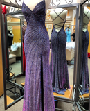 Dark Purple V-neck Mermaid Evening Gowns Glitter Beaded Long Prom Dress Slit Backless Party Dress HZ1024