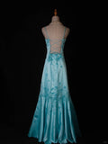 A-Line Spaghetti Strap Long Prom Dresses Blue Satin Beaded Evening Dress Elegant Formal Dress HZ1024