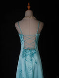 A-Line Spaghetti Strap Long Prom Dresses Blue Satin Beaded Evening Dress Elegant Formal Dress HZ1024