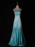 A-Line Spaghetti Strap Long Prom Dresses Blue Satin Beaded Evening Dress Elegant Formal Dress HZ1024