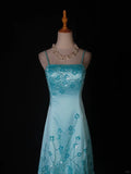A-Line Spaghetti Strap Long Prom Dresses Blue Satin Beaded Evening Dress Elegant Formal Dress HZ1024