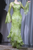 Green Sheath Long Prom Dresses Chiffon Beaded Evening Dress Asymmetrical Neck Formal Dress with Cape HZ1024
