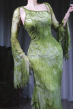 Green Sheath Long Prom Dresses Chiffon Beaded Evening Dress Asymmetrical Neck Formal Dress with Cape HZ1024