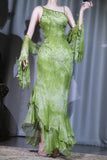Green Sheath Long Prom Dresses Chiffon Beaded Evening Dress Asymmetrical Neck Formal Dress with Cape HZ1024