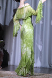 Green Sheath Long Prom Dresses Chiffon Beaded Evening Dress Asymmetrical Neck Formal Dress with Cape HZ1024