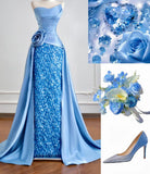 Strapless Sheath Long Evening Dress Satin Blue Prom Dress Sparkly Graduation Dress HZ1024