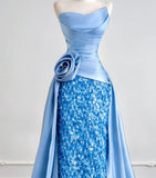 Strapless Sheath Long Evening Dress Satin Blue Prom Dress Sparkly Graduation Dress HZ1024
