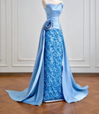 Strapless Sheath Long Evening Dress Satin Blue Prom Dress Sparkly Graduation Dress HZ1024
