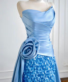 Strapless Sheath Long Evening Dress Satin Blue Prom Dress Sparkly Graduation Dress HZ1024